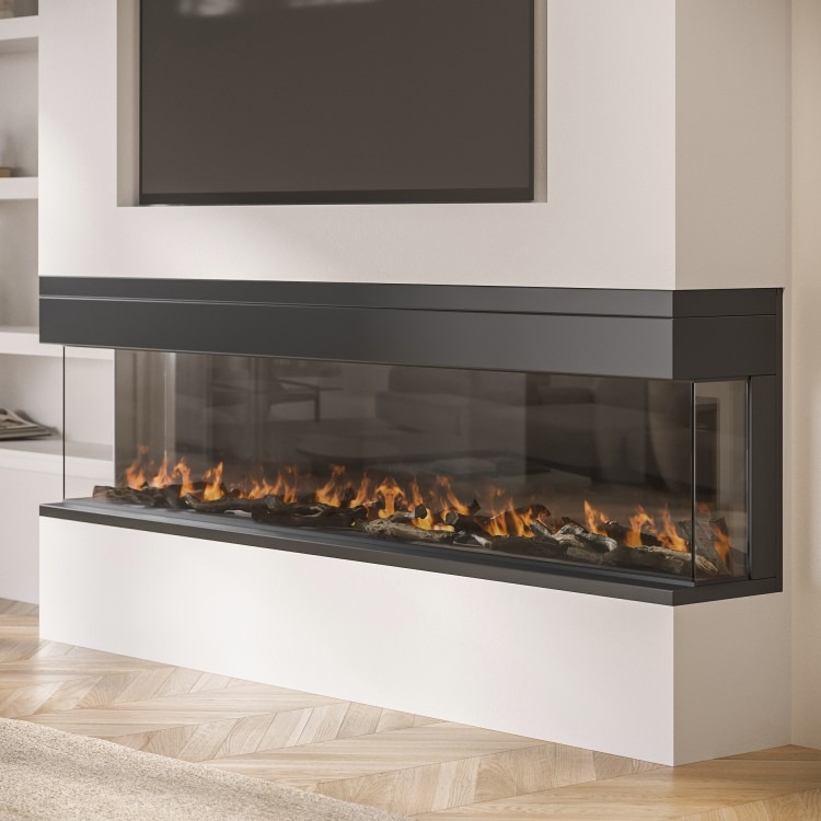 ALMOST PERFECT - Black Inset Media Wall Electric Fireplace with Glass Configurated Front and Sides 70 Inch - Amberglo - Image 3