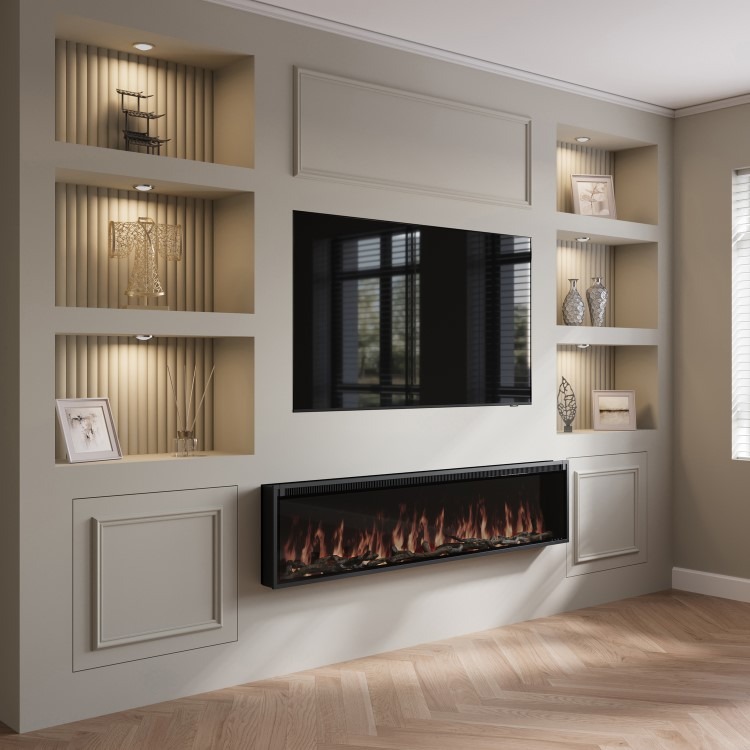 Black Slimline Inset Electric Media Wall Smart Fire Place - 70 Inch - AmberGlo