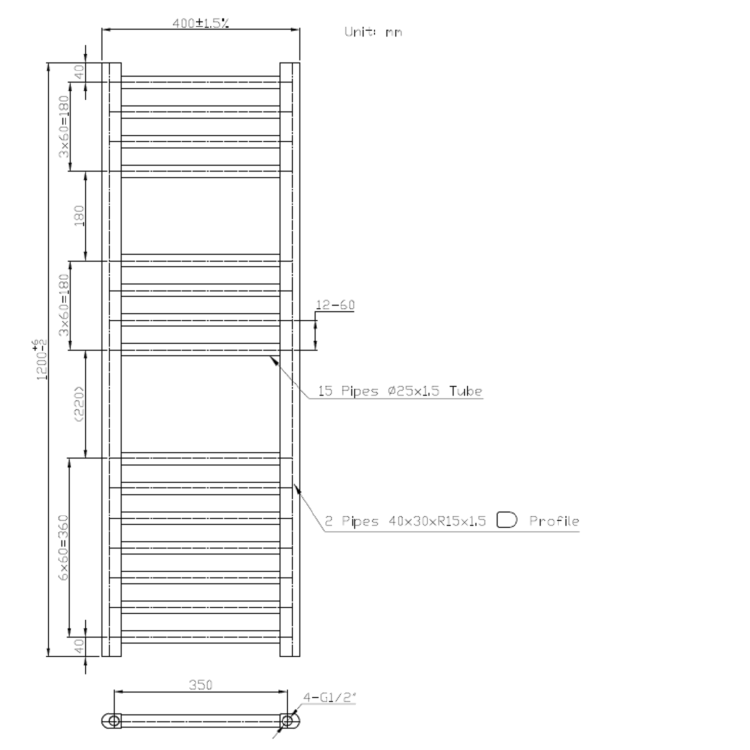 Black Towel Radiator 1200 x 400mm - Sahara - Image 4