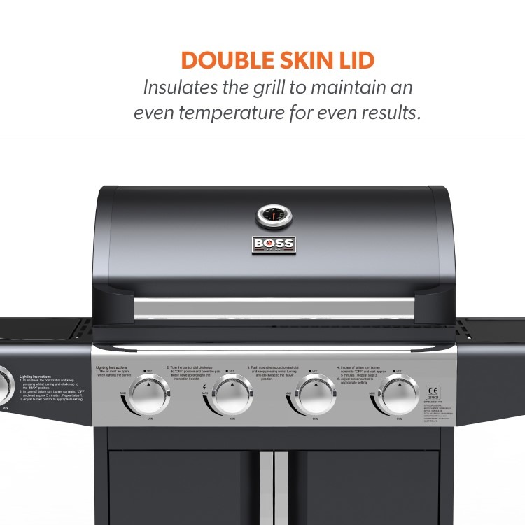 Boss Grill Kentucky Premium - 4 Burner Gas BBQ Grill with Side Burner - Black - Image 3