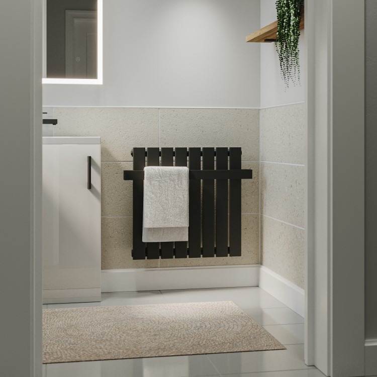 Black Horizontal Single Panel Radiator with Heated Towel Bar 600 x 604mm - Mojave - Image 4