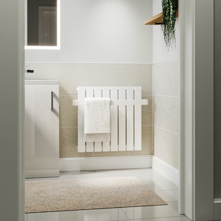 White Horizontal Single Panel Radiator with Heated Towel Bar 600 x 604mm - Mojave - Image 3