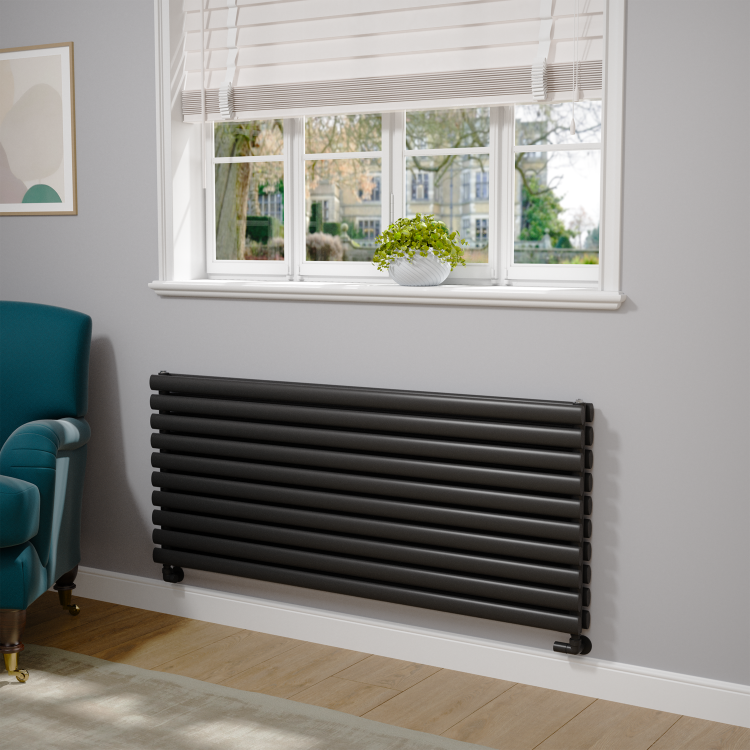 Sorrento Linea Midnight Black Oval Designer Radiator 590x1400mm Double Panel 5014 BTU - Horizontal Bars - Image 2