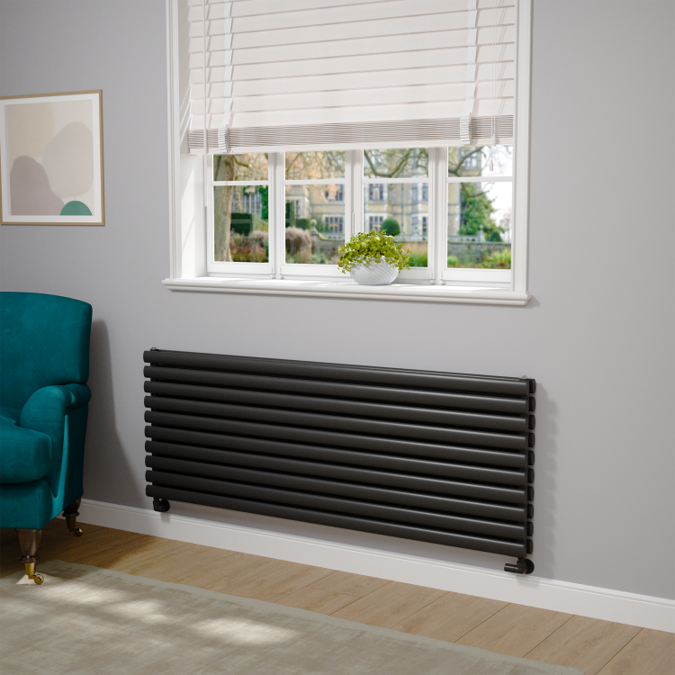 Sorrento Linea Midnight Black Oval Designer Radiator 590x1600mm Double Panel 5676 BTU - Horizontal Bars - Image 2