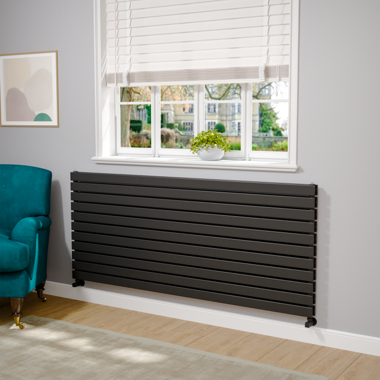 Riace Linea Midnight Black Flat Designer Radiator 770x1800mm Double Panel 7645 BTU - Horizontal Bars - Image 2