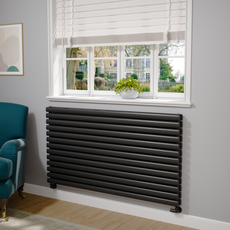 Sorrento Linea Midnight Black Oval Designer Radiator 767x1400mm Double Panel 6519 BTU - Horizontal Bars - Image 2