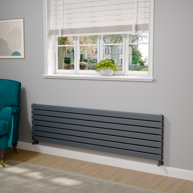 Riace Linea Dark Grey Anthracite Flat Designer Radiator 490x1800mm Double Panel 4863 BTU - Horizontal Bars - Image 2