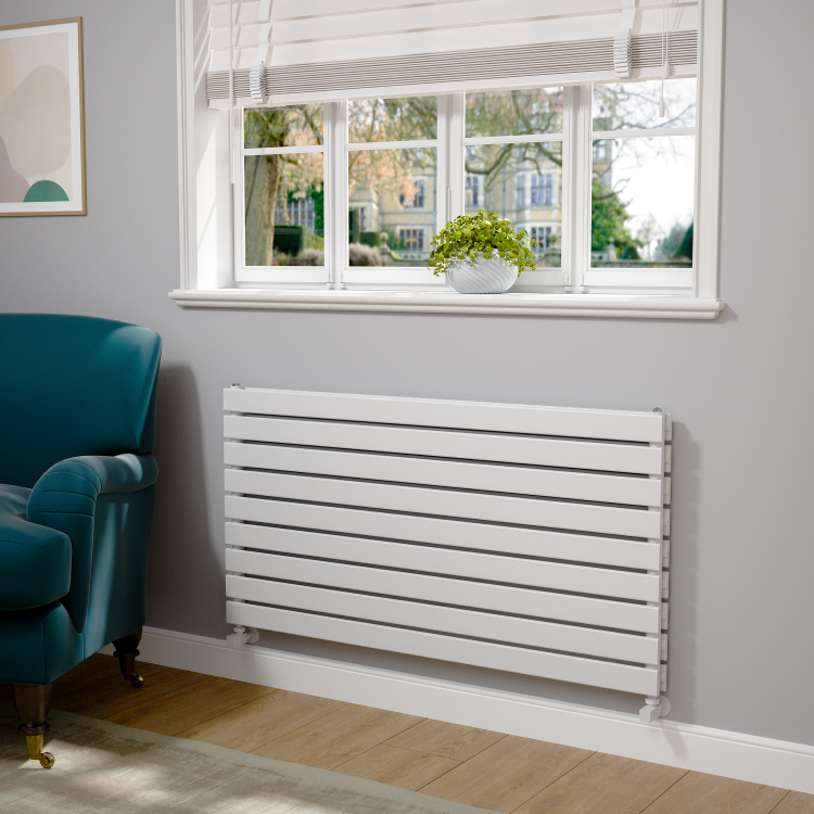 Riace Linea White Flat Designer Radiator 630x1200mm Double Panel 4386 BTU - Horizontal Bars - Image 2
