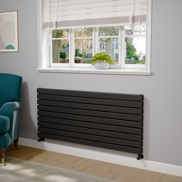 Riace Linea Midnight Black Flat Designer Radiator 630x1400mm Double Panel 5027 BTU - Horizontal Bars - Image 2