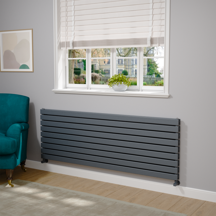 Riace Linea Dark Grey Anthracite Flat Designer Radiator 630x1800mm Double Panel 6256 BTU - Horizontal Bars - Image 2