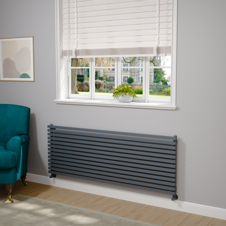 Ravello Linea Dark Grey Anthracite Square Designer Radiator 585x1600mm Single Panel 4266 BTU - Horizontal Bars - Image 2