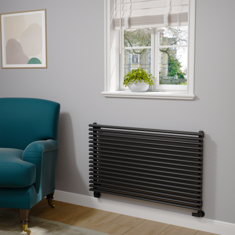 Ventura Linea Midnight Black Oval Unique Designer Radiator 595x1000mm Single Panel 3072 BTU - Horizontal Bars - Image 2