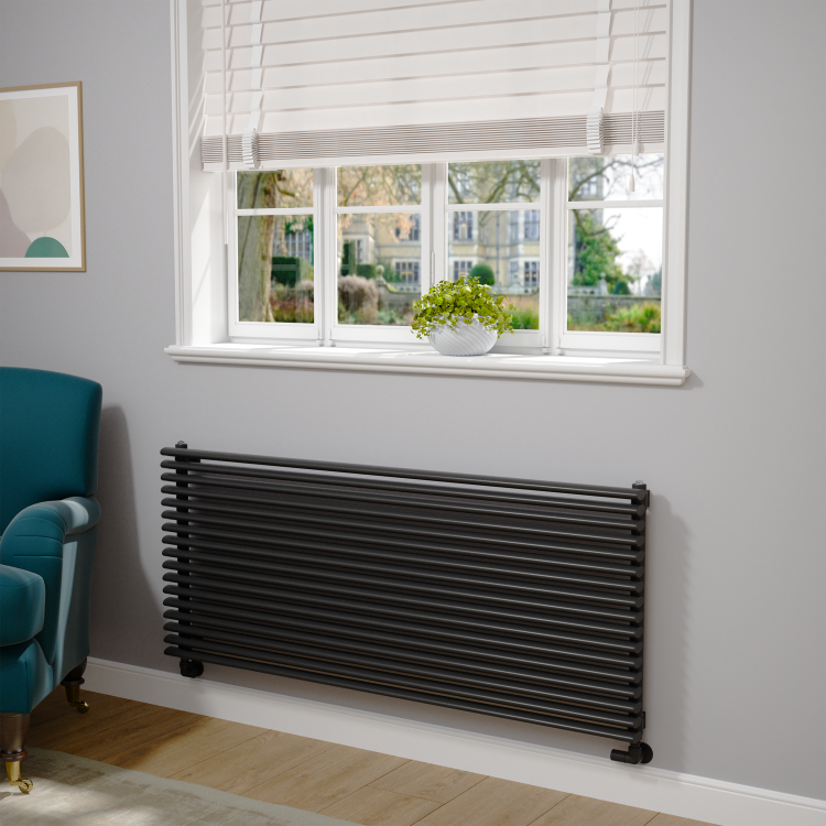Ventura Linea Midnight Black Oval Unique Designer Radiator 595x1400mm Single Panel 4498 BTU - Horizontal Bars - Image 2