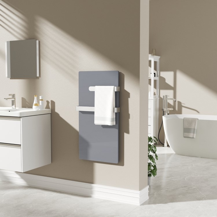 600W Smart Infrared Vertical Anthracite Glass Designer Wall Heater 550x1100mm with Optional Towel Rail - IP24 Bathroom Safe - Image 3
