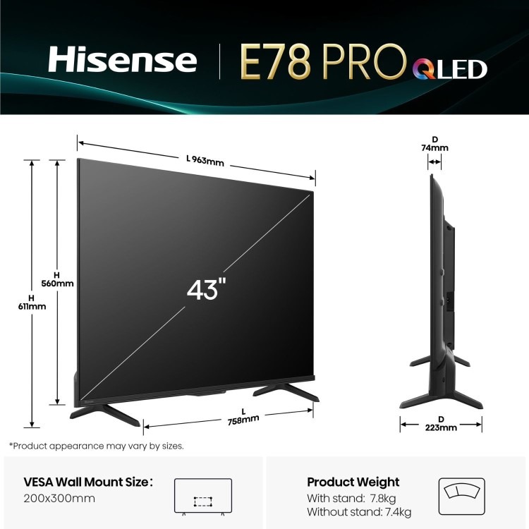 Hisense E78QTUK PRO 43 inch Smart 4K Ultra HD QLED TV - Image 3