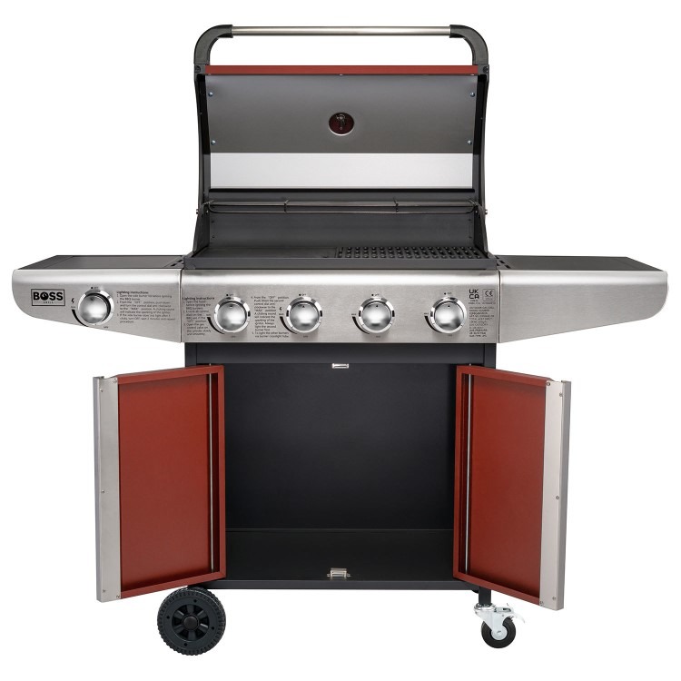 Boss Grill Kentucky Premium - 4 Burner Gas BBQ Grill with Side Burner - Red - Image 4