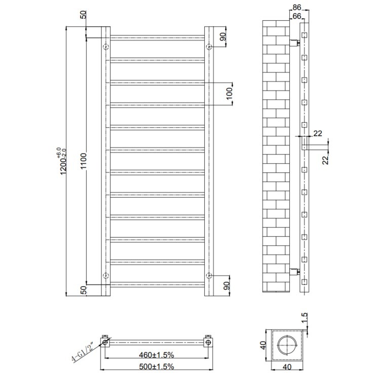 Gunmetal Grey Towel Radiator 1200 x 500mm – Sonoran - Image 4