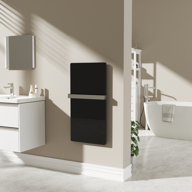 380W Smart Infrared Vertical Black Glass Designer Wall Heater 450x900mm with Optional Towel Rail - IP24 Bathroom Safe - Image 2