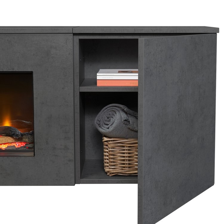 Acantha Orion XO Electric Floating Media Wall Suite in Slate Effect with TV Board & Natural Oak Wall Panels - Image 5