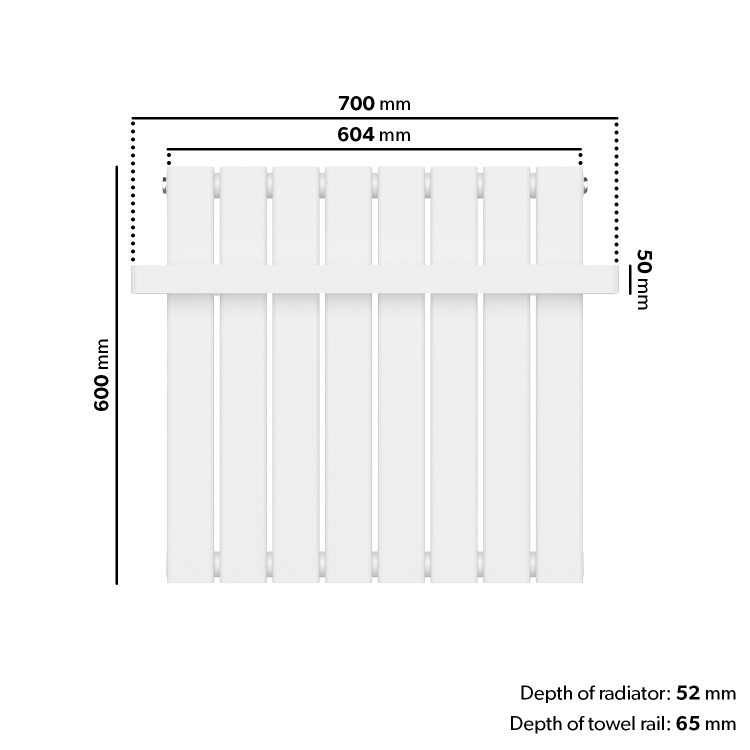 White Horizontal Single Panel Radiator with Heated Towel Bar 600 x 604mm - Mojave - Image 5