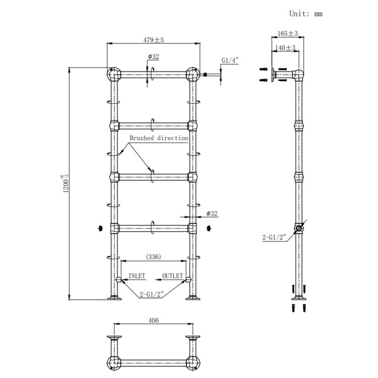 Brass Vertical Traditional Towel Rail Radiator 1200 x 479mm - Regent - Image 5