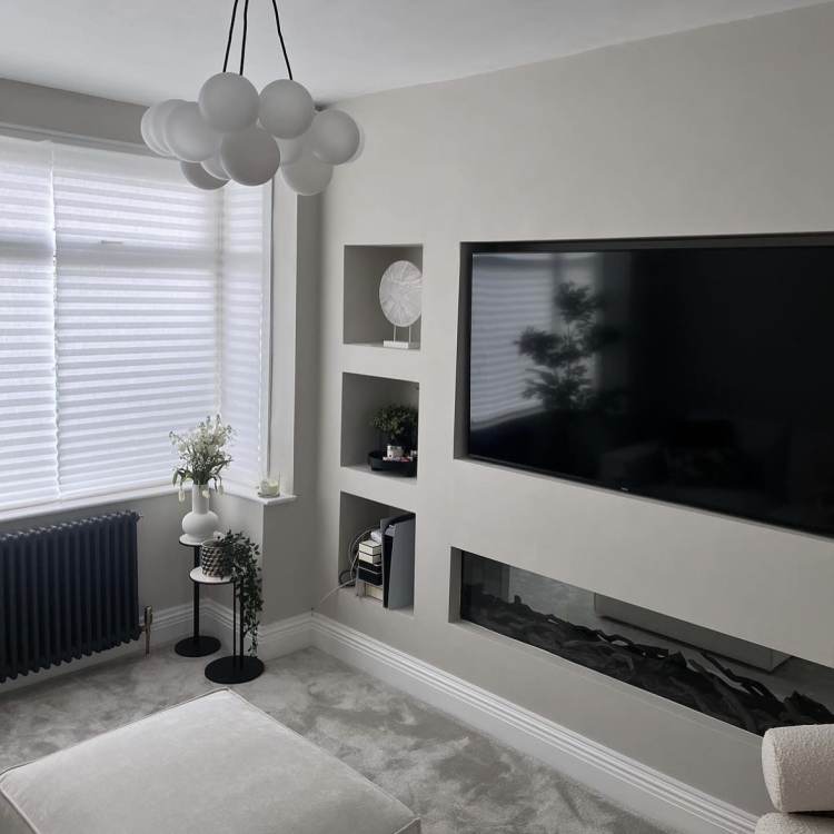 ALMOST PERFECT - Black Inset Media Wall Electric Fireplace with Glass Configurated Front and Sides 70 Inch - Amberglo - Image 4