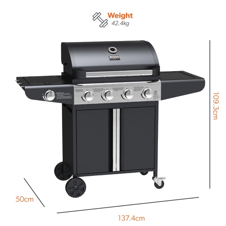 Boss Grill Kentucky Premium - 4 Burner Gas BBQ Grill with Side Burner - Black - Image 6