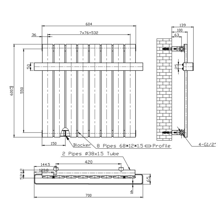 White Horizontal Single Panel Radiator with Heated Towel Bar 600 x 604mm - Mojave - Image 6