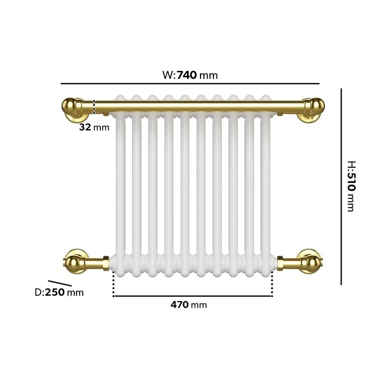 White and Brass Traditional Column Radiator with Towel Rail 510 x 740mm - Regent - Image 5