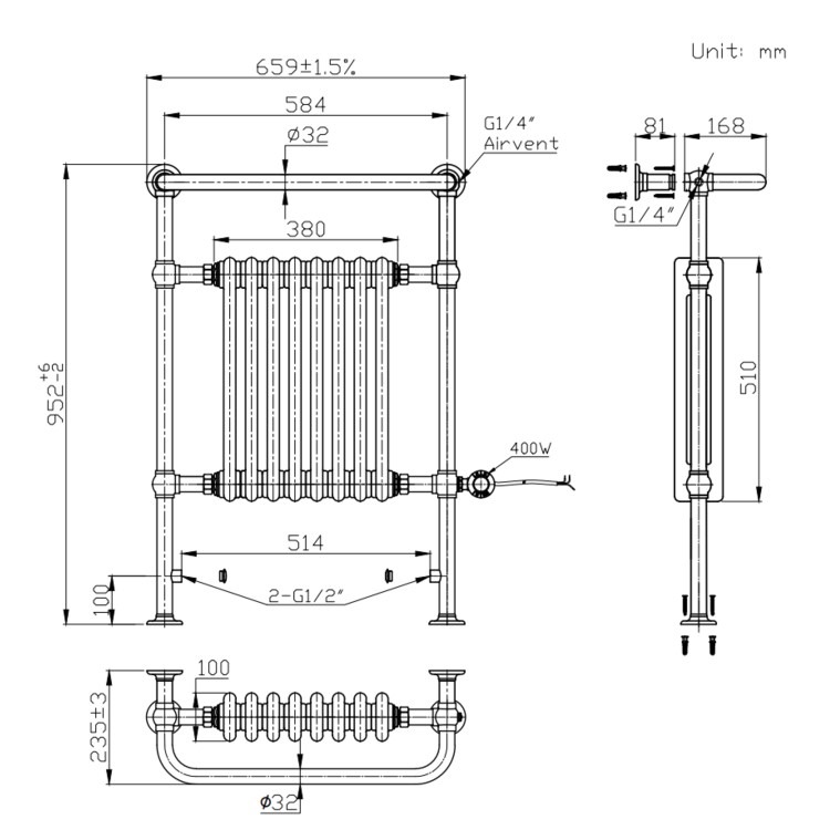 Black and Brass Electric Traditional Column Radiator with Towel Rail 952 x 659mm - Regent - Image 6