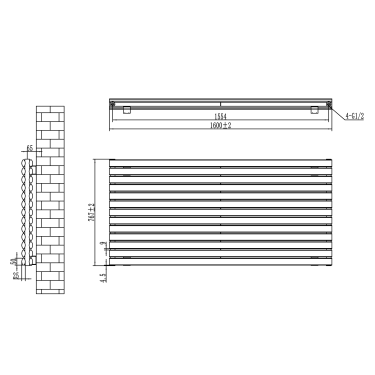Sorrento Linea Midnight Black Oval Designer Radiator 767x1600mm Double Panel 7379 BTU - Horizontal Bars - Image 6