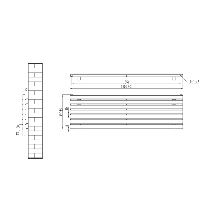 Riace Linea White Flat Designer Radiator 490x1600mm Double Panel 4392 BTU - Horizontal Bars - Image 6