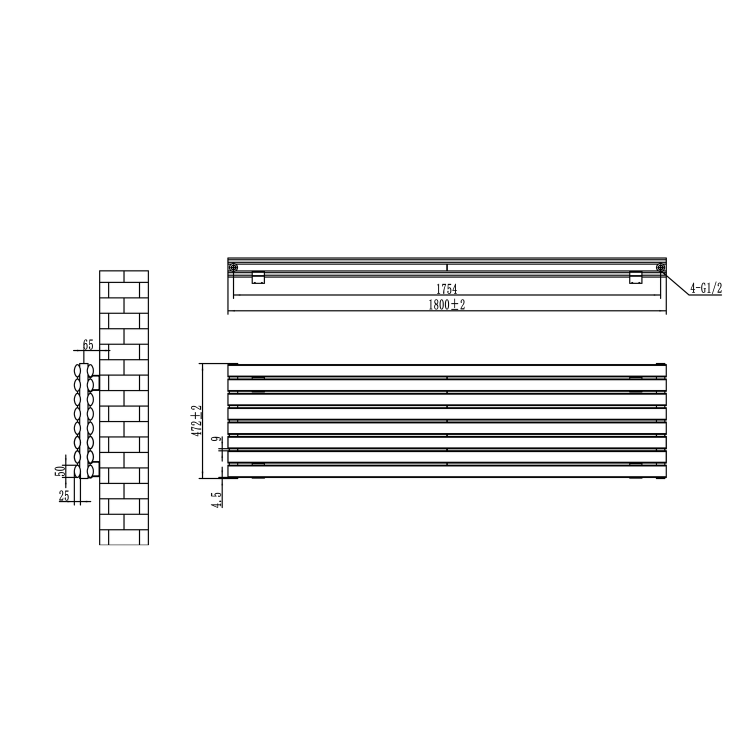 Sorrento Linea Midnight Black Oval Designer Radiator 472x1800mm Double Panel 5072 BTU - Horizontal Bars - Image 6