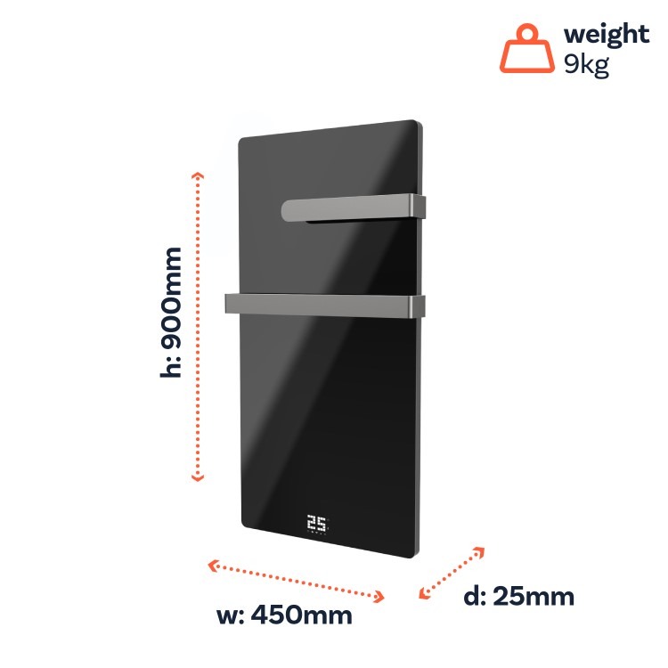 380W Smart Infrared Vertical Black Glass Designer Wall Heater 450x900mm with Optional Towel Rail - IP24 Bathroom Safe - Image 5