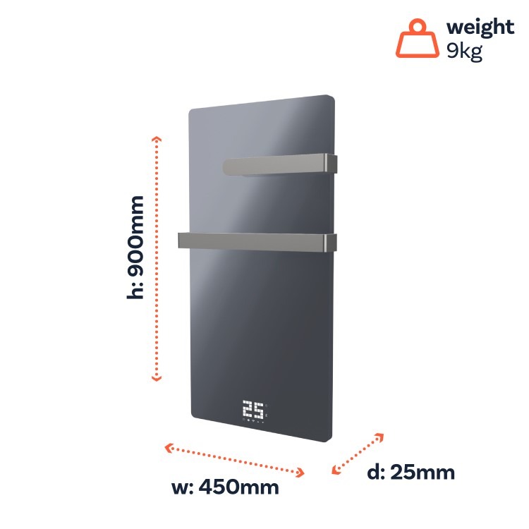 380W Smart Infrared Vertical Anthracite Glass Designer Wall Heater 450x900mm with Optional Towel Rail - IP24 Bathroom Safe - Image 6
