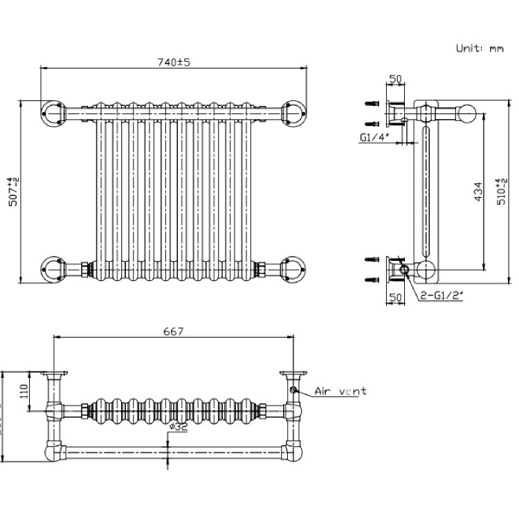 White and Brass Traditional Column Radiator with Towel Rail 510 x 740mm - Regent - Image 6