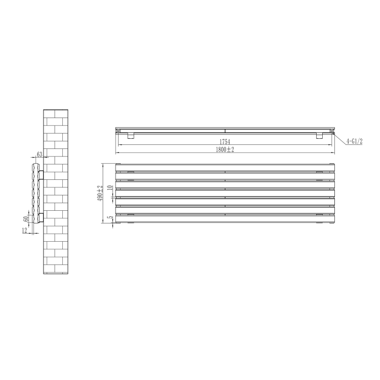 Riace Linea Dark Grey Anthracite Flat Designer Radiator 490x1800mm Double Panel 4863 BTU - Horizontal Bars - Image 6
