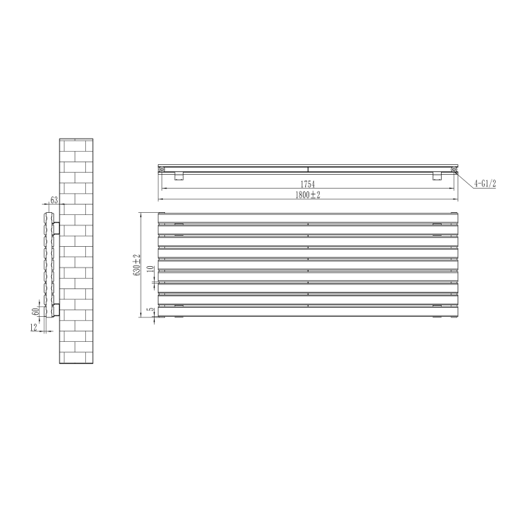 Riace Linea Dark Grey Anthracite Flat Designer Radiator 630x1800mm Double Panel 6256 BTU - Horizontal Bars - Image 6