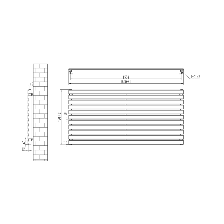 Riace Linea Midnight Black Flat Designer Radiator 770x1600mm Single Panel 4638 BTU - Horizontal Bars - Image 6