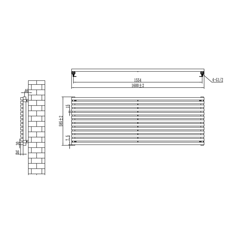 Ravello Linea White Square Designer Radiator 585x1600mm Single Panel 4266 BTU - Horizontal Bars - Image 6