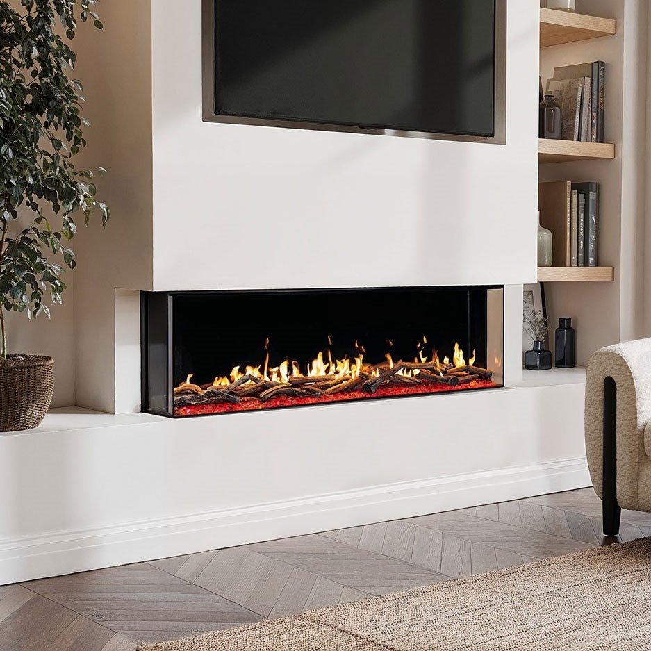Premium Black 3-Sided Inset Electric Media Wall Fire Place with LCD Flame - 60 Inch - AmberGlo