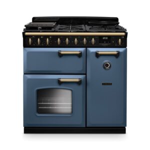 Rangemaster Classic Deluxe 90cm Dual Fuel Range Cooker - Stone Blue & Brass