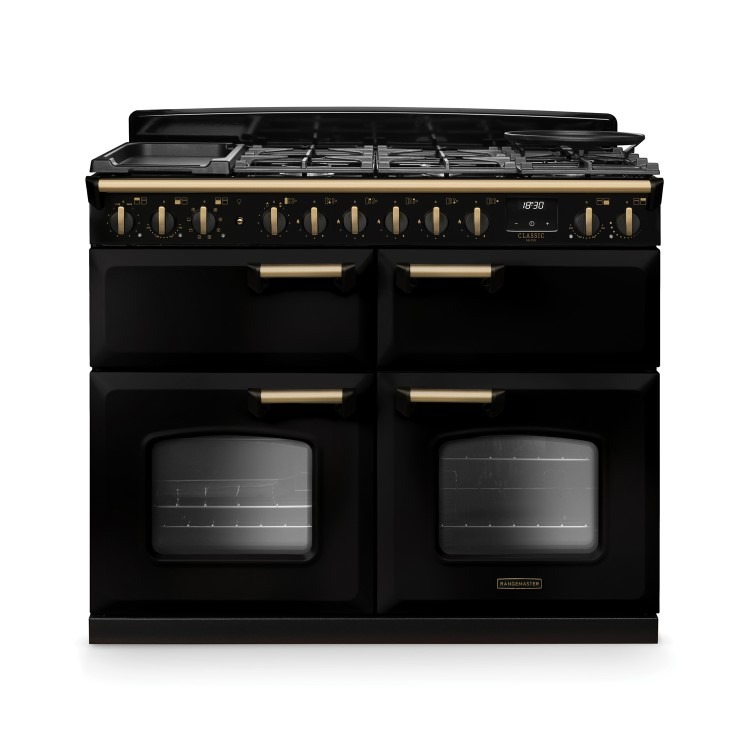 Rangemaster Classic Deluxe 110cm Base Cavity Dual Fuel Range Cooker - Gloss Black & Brass