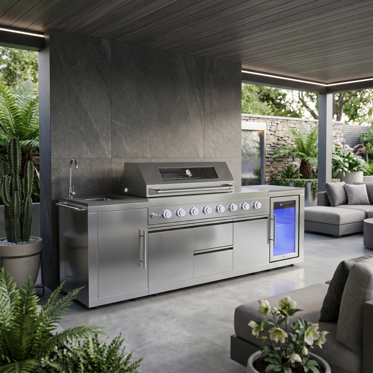 Monster Grill - Ultimate Outdoor Kitchen - 6 Burner Gas BBQ Grill with Fridge and Sink