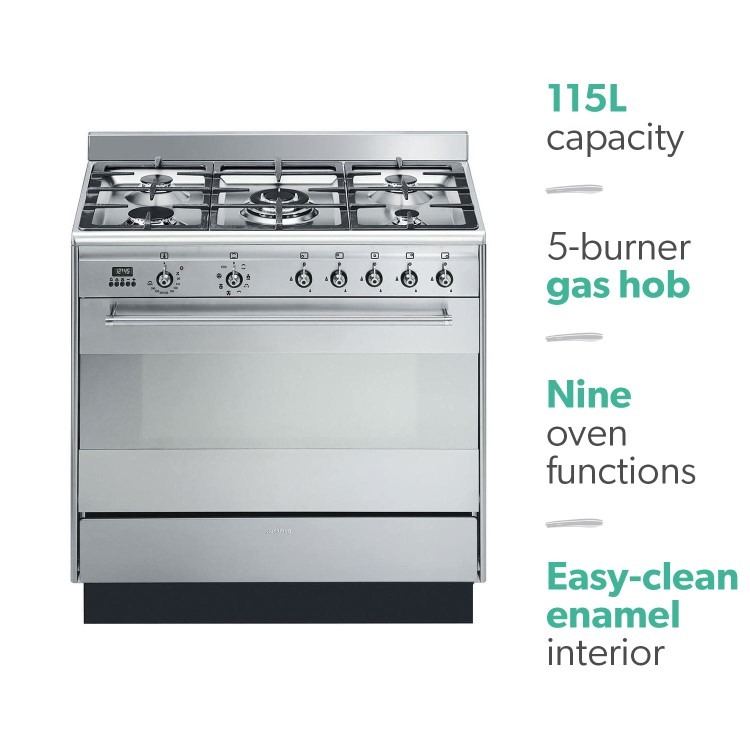 Smeg Concert 90cm Dual Fuel Single Oven Range Cooker - Stainless Steel - Image 2