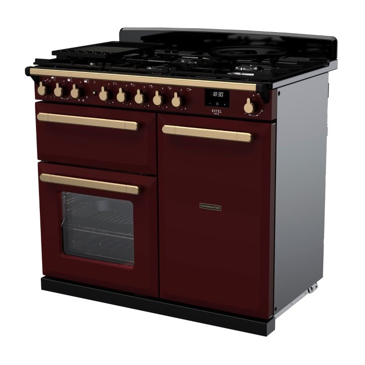 Rangemaster Estel Deluxe 100cm Dual Fuel Range Cooker - Bordeaux + Brass - Image 2