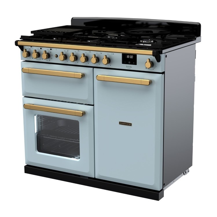 Rangemaster Estel Deluxe 100cm Dual Fuel Range Cooker - Misty Blue + Brass - Image 2
