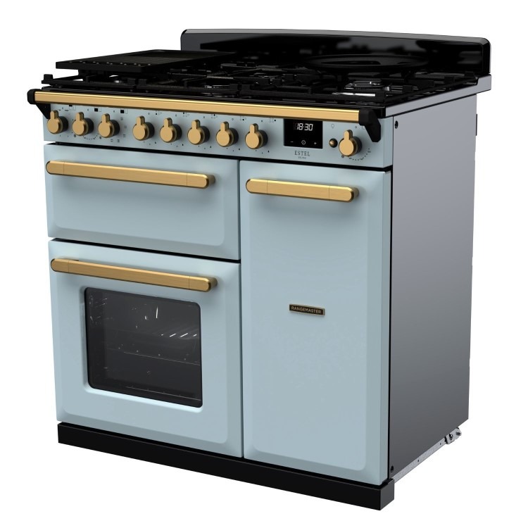 Rangemaster Estel Deluxe 90cm Dual Fuel Range Cooker - Misty Blue + Brass - Image 6