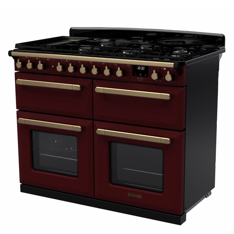 Rangemaster Estel Deluxe 110cm Dual Fuel Range Cooker - Bordeaux + Brass - Image 3