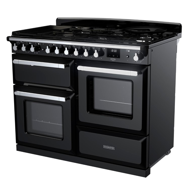 Rangemaster Estel Deluxe 110cm Dual Fuel Range Cooker - Gloss Black + Chrome - Image 2